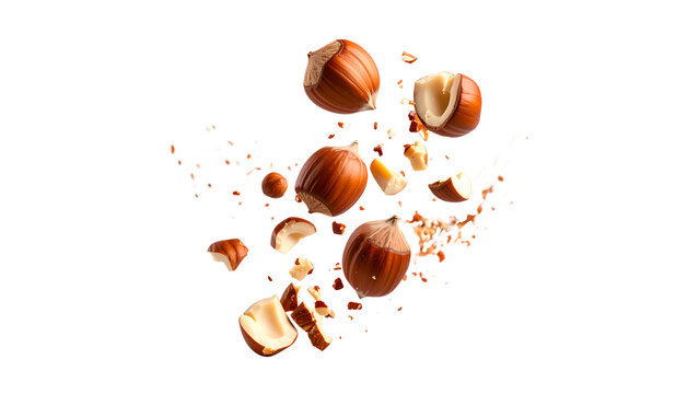 Crushed hazelnuts captured in mid-air explosion, dynamic motion of nut pieces and dust particles, healthy snack ingredient with natural texture isolated on transparent background