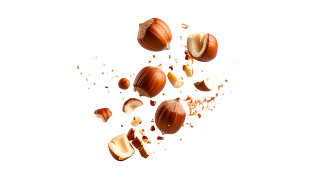 Crushed hazelnuts captured in mid-air explosion, dynamic motion of nut pieces and dust particles, healthy snack ingredient with natural texture isolated on transparent background