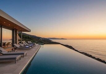 Infinity pool overlooking the ocean at sunset with lounge chairs