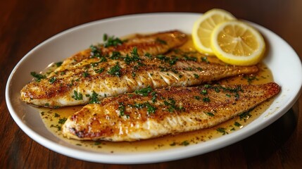 French bistro-style plate with fish covered in lemon-butter sauce and parsley garnish