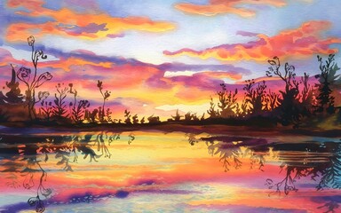 Watercolor Sunset over Tranquil Lake Landscape