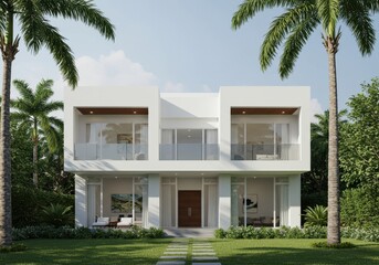Fototapeta premium Modern white home exterior with palms, lawn, and stone walkway on a sunny day