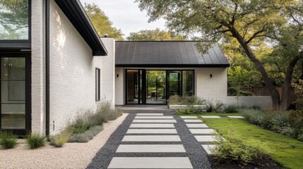 Minimalist home front with poured concrete slabs and gravel in-between for added texture and grip