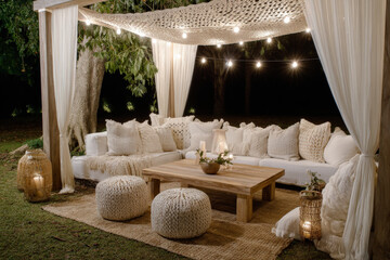 A cozy outdoor lounge area features a woven canopy, soft white cushions, and decorative poufs, creating a serene atmosphere surrounded by soft lighting and greenery