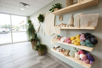 A cozy craft store interior showcasing handmade items, macramé wall art, and colorful yarn displays, filled with green plants for a warm, inviting atmosphere