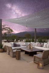 Boho luxury outdoor lounge area features woven furniture, soft cushions, and a cozy ambiance under a starry sky with mountains in the background