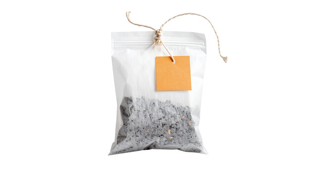 Tea bag filled with loose leaf tea and tied with natural twine, close-up of organic herbal infusion in rustic packaging, eco-friendly teabag isolated on transparent background