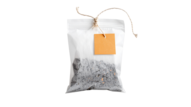 Tea bag filled with loose leaf tea and tied with natural twine, close-up of organic herbal infusion in rustic packaging, eco-friendly teabag isolated on transparent background