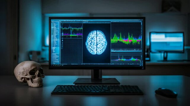 Computer monitor displaying brain scan and data visualizations.