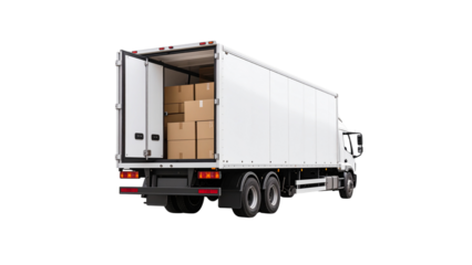 White delivery truck loaded with cardboard boxes, rear view of logistics vehicle for shipping, courier transport and freight distribution, commercial cargo truck isolated on white background