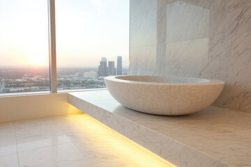 A modern minimalist penthouse bathroom features a luxurious freestanding bathtub with a stunning city view at sunset, showcasing elegance and tranquility