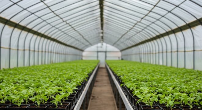 Plants grow in rows inside a greenhouse with a translucent roof.