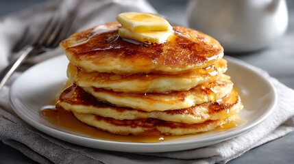 Stack of Golden Pancakes Topped with Butter and Syrup