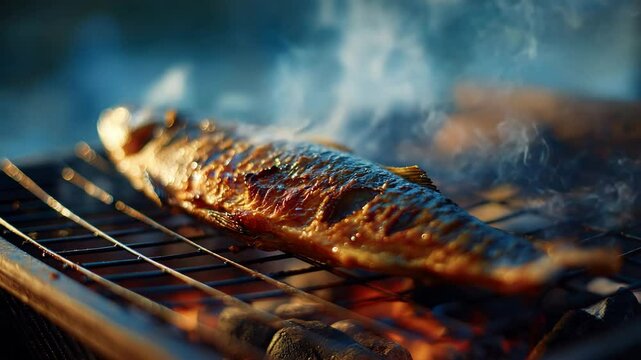 Grilled fish smoking on barbecue grill outdoors  