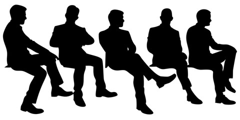 sitting people silhouette Vector collection in PNG with black silhouettes of men or male sitting on bench or chair business group in profile view isolated on Transparent background
