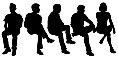 Sitting people silhouette Vector collection in PNG with black silhouettes of men and women and teenagers sitting on bench or chair business group in profile view isolated on Transparent background