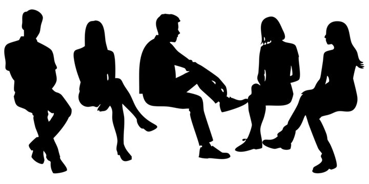 Sitting people silhouette Vector collection in PNG with black silhouettes of men and women and teenagers sitting on bench or chair business group in profile view isolated on Transparent background