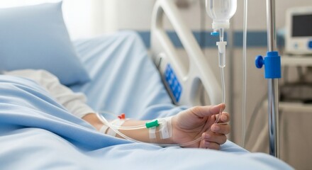 Patient in hospital bed receiving iv drip medical treatment