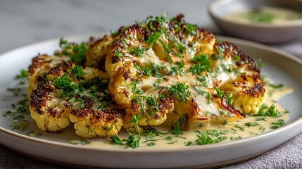 Roasted Cauliflower Steaks with Creamy Sauce and Fresh Herbs