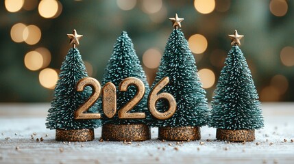 Miniature christmas trees display the new year 2026.