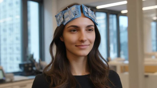 Woman wearing a headband with sensors on her forehead.