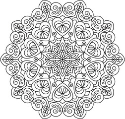Detailed Mandala Design for Coloring and Relaxation with Hearts and Spirals