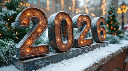 Illuminated 2026 numerals on a snowy display.
