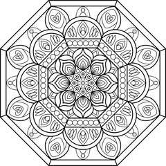 Black and White Octagonal Mandala Line Art with Intricate Flowing Patterns