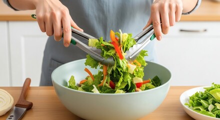 Making fresh vegetable salad at home healthy eating concept