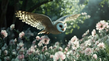 Fototapeta premium Tranquil Scene of Small Owl Landing Softly in Flower-Covered Glade