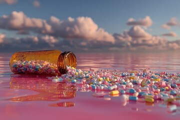 Colorful pills spilling from an amber bottle onto a reflective pink surface, with a dreamy sky and fluffy clouds creating a serene and whimsical atmosphere