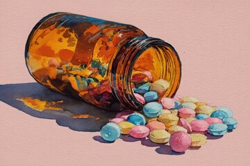 Colorful pills spilling from a glass jar on a soft pink background, showcasing vibrant hues and textures, creating an inviting and playful atmosphere for health and wellness themes