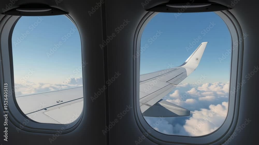 Poster sunlight filtering through airplane porthole, revealing aircraft wing gliding above expansive cloud 