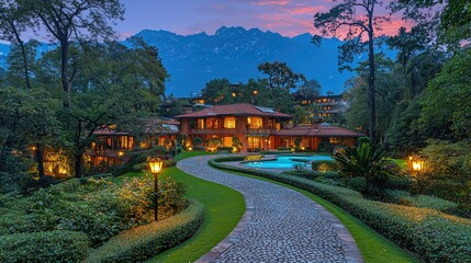 A lavish estate nestled in a tranquil mountain setting.