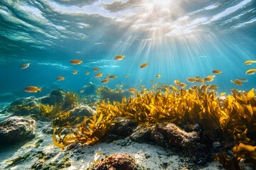 Fototapeta premium Underwater view of clean ocean floor with fish and seaweed