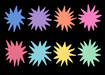 Colorful starbursts and explosion shapes vector. Abstract random pencil and crayon kids drawing. Hand drawn sparkle burst elements set
