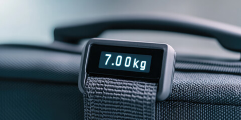 A digital luggage scale displays "7.00 kg" on top of a suitcase handle. Weight measurement, travel, luggage