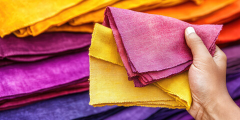 A hand holds colorful fabric swatches with other fabrics in the background. Color and texture selection