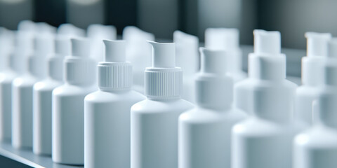Obraz premium White plastic bottles with pumps are lined up in rows on a reflective surface. Concept: packaging, cleanliness, mass production, cosmetic, hygiene