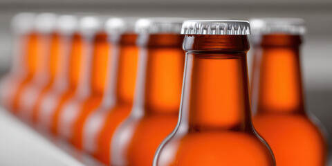 Brown glass bottles with metal caps are lined up in a row on a shelf. Beverage packaging, production, uniformity