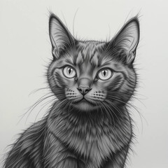 A detailed monochrome drawing of a cat with expressive eyes is presented in a close-up portrait.