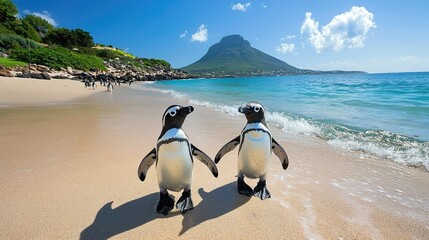 Two african penguins stroll along a sandy beach.