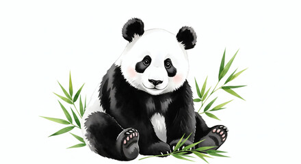 Naklejka premium Realistic Watercolor Illustration of a Panda Sitting with Bamboo Leaves - Wildlife and Nature