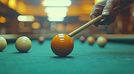 A cue ball is being targeted for a shot on a pool table.