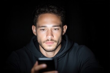 Fototapeta premium Young hispanic male concentrating on smartphone in dark setting.