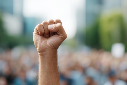Raised fist at protest demonstration symbolizing strength and unity.