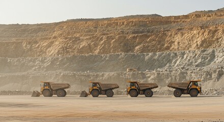 Dump trucks at a layered quarry