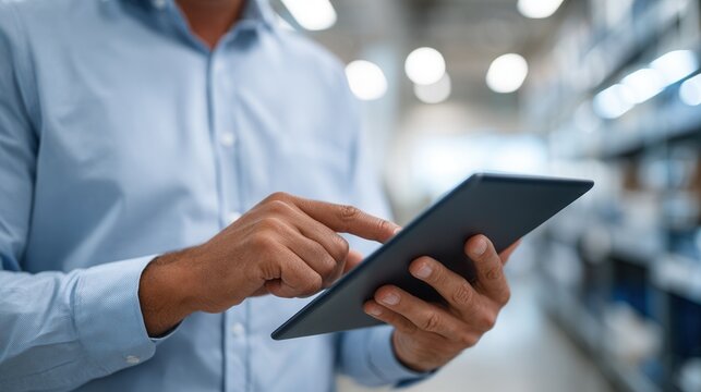 Male adult using tablet in warehouse setting.