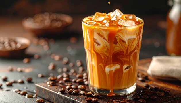 Close-up of caramel iced latte in a transparent cup showcasing swirling coffee texture blending with creamy milk, condensation droplets on the glass surface, commercial product photography