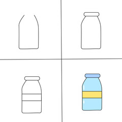 Step by step Flat Cartoon Medicine Bottle Icon with Colorful Label for Healthcare, Pharmacy, Supplement Packaging and Medical Illustration